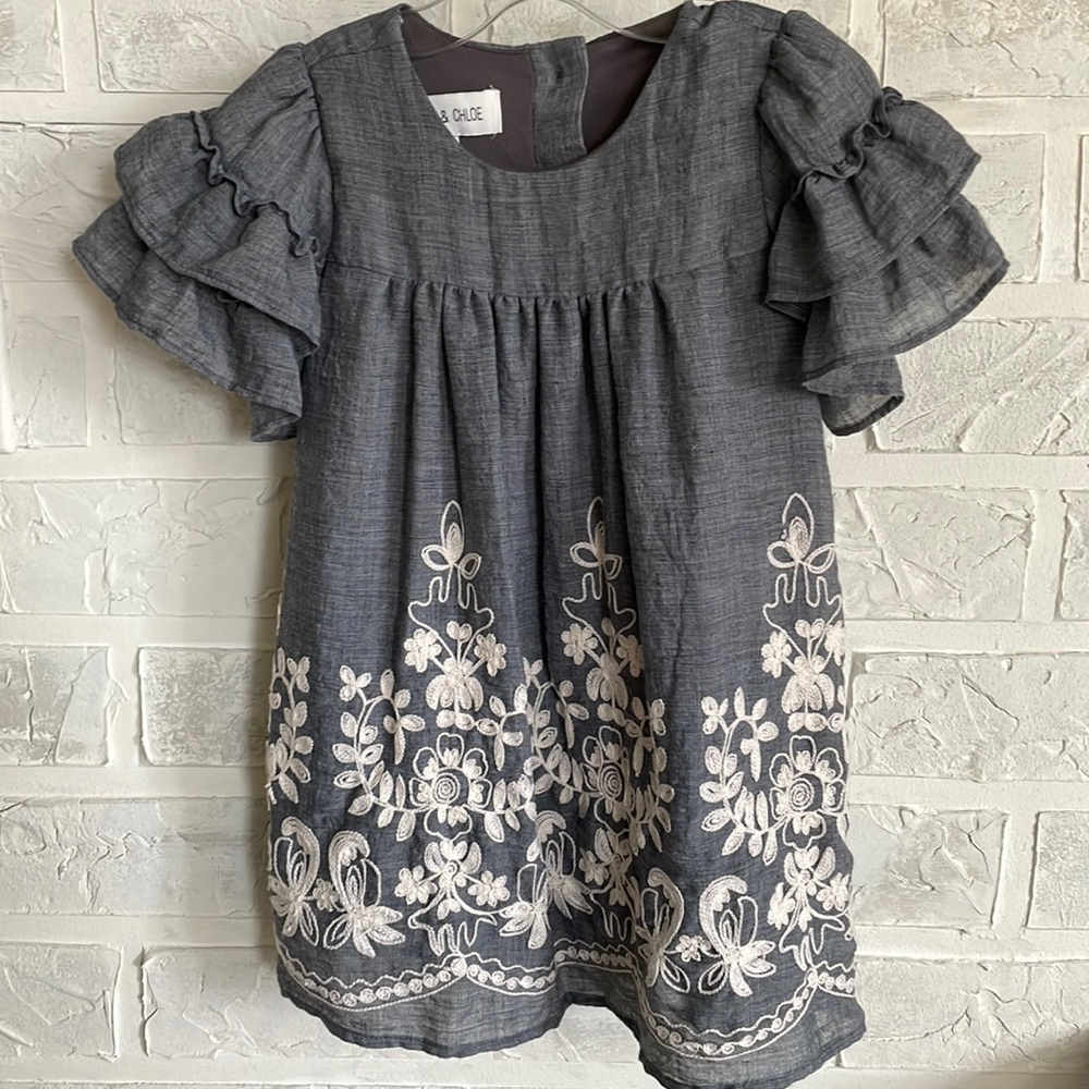 Isobella & Chloe dress chambray with ivory embroidery